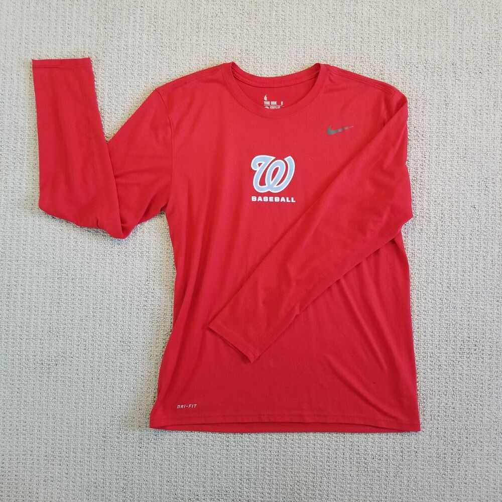 Washington Nationals Long Sleeve TShirt Mens Size Large Red MLB Nike Tee Dri-Fit